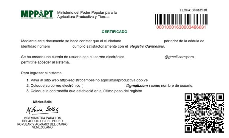 Certificado de Registro Campesino 