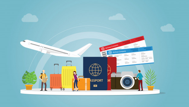 Concepto de viaje o viaje con turista y avión con pasaporte y boleto ...